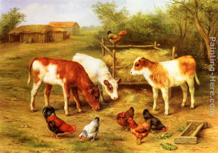 Calves and Chickens feeding in a Farmyard painting - Edgar Hunt Calves and Chickens feeding in a Farmyard art painting
